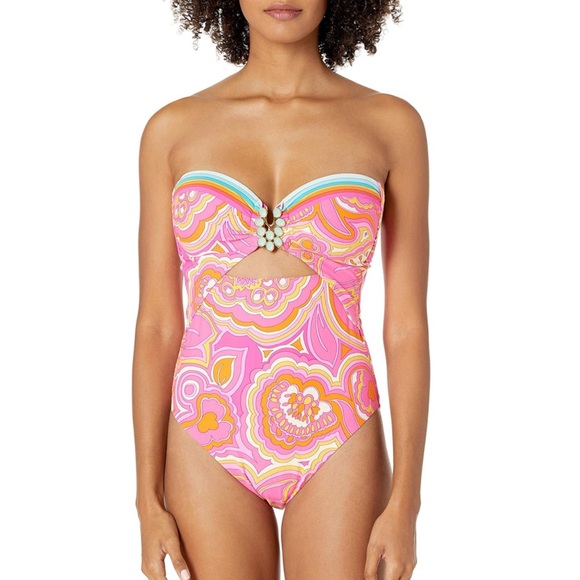 TRINA TURK STANDARD TWIST FRONT CUTOUT BANDEAU ONE PIECE SWIMSUIT WOMENS 8 - Picture 1 of 8